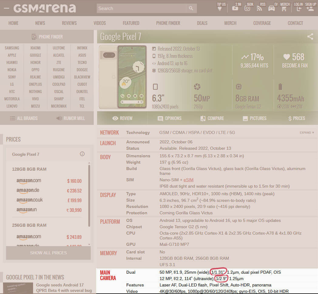 GSMArena sensor size screenshot