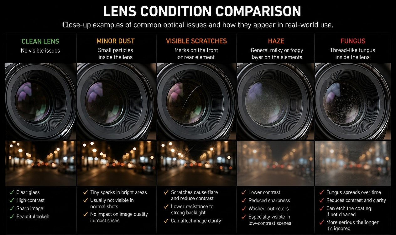 Close-up comparison of a clean lens, a lens with minor dust, a lens with haze, and a lens with visible fungus.