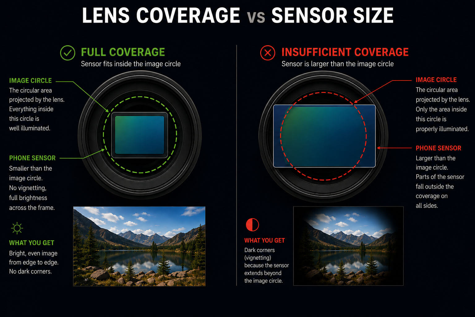 Diagram showing a large lens image circle with a smaller phone sensor inside it, compared with a sensor extending outside the image circle and producing dark corners.